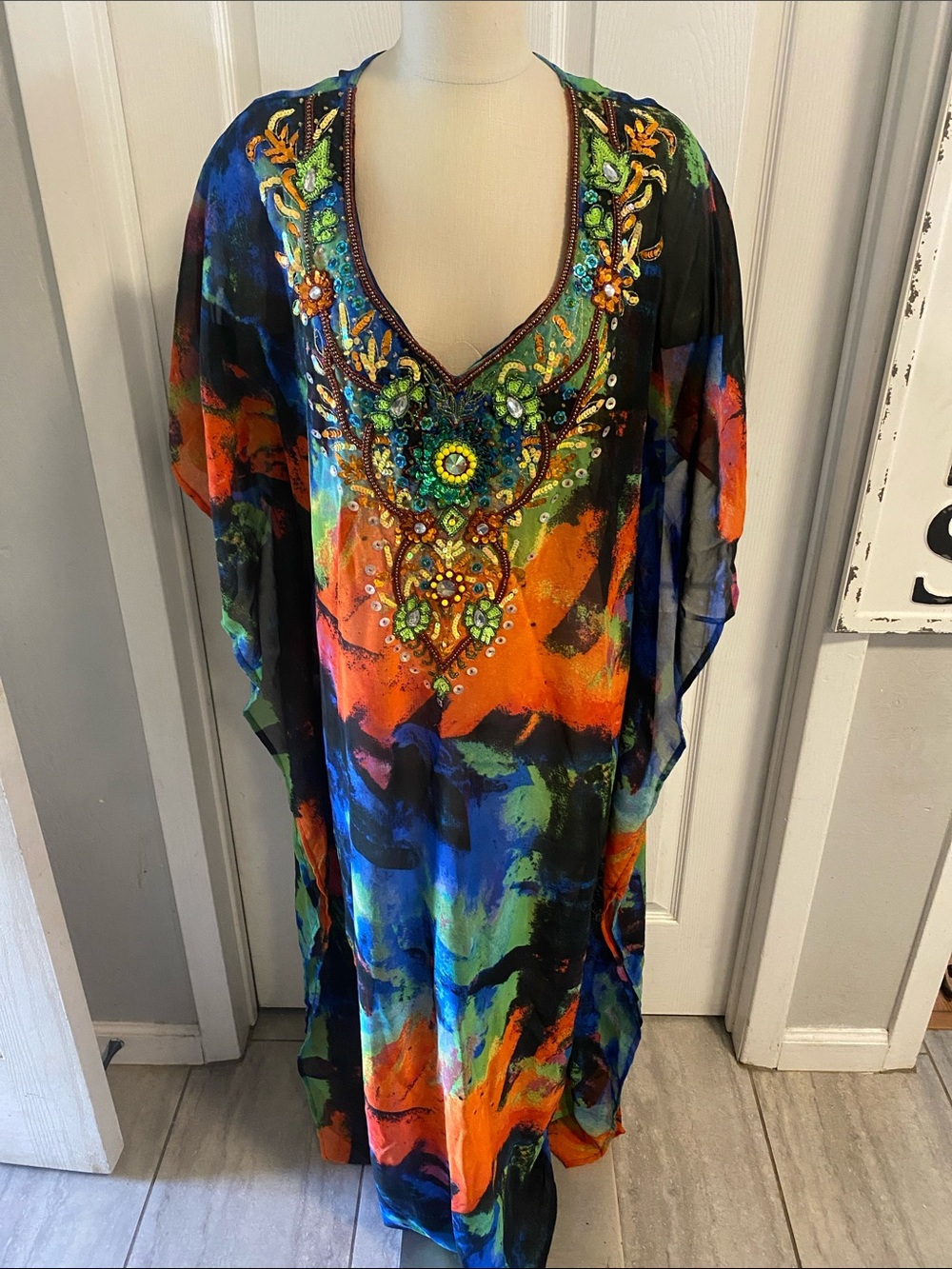 Lucky & Coco beaded/sequined V-Neck Kaftan Dress - Blue Green Orange Black OS